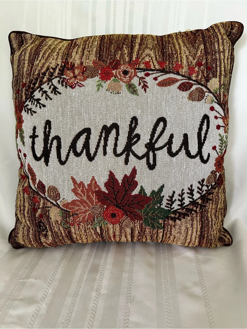 Thankful Autumn Decorative Home Accent Throw Pillow Thanksgiving Brown Fall